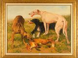 tableau représentant trois chiens jouant avec un oiseau mort dans un champ