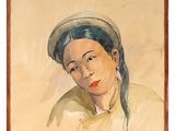 painting of a woman wearing a hat and a yellow shirt
