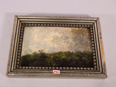 an oil painting of a landscape with trees in a silver frame