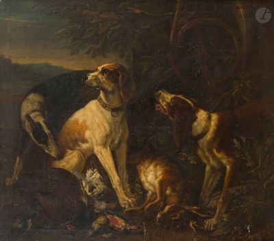 tableau représentant deux chiens et un oiseau dans un décor boisé