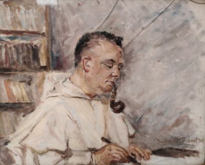 tableau représentant un homme assis à un bureau, une pipe à la bouche
