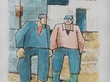 two men standing next to each other in front of a building