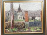 an image of a painting of a house with a fence in front of it