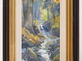 an oil painting of a stream running through a forest