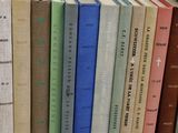 several books are lined up in a row on a table