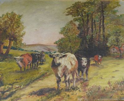 a painting of cows in a field with a house in the background