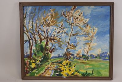 an oil painting of a landscape with trees and yellow flowers