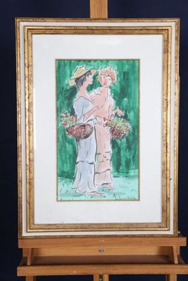 une image représentant un tableau où l'on voit deux femmes debout à côté d'un chevalet
