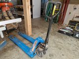 an image of a blue hand truck in a garage