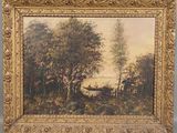 un tableau représentant un paysage avec des arbres et une rivière en arrière-plan