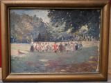 une peinture à l'huile représentant un groupe de personnes se promenant dans un parc