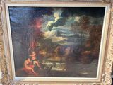 une peinture à l'huile représentant une femme et un enfant dans un paysage au bord d'un ruisseau