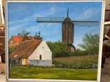 a picture of a painting of a windmill in a field