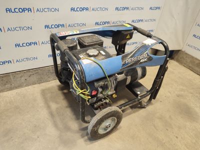 a blue and black generator sitting on top of a cart in a room