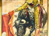 painting of a bull and a man in a yellow suit with a red cape