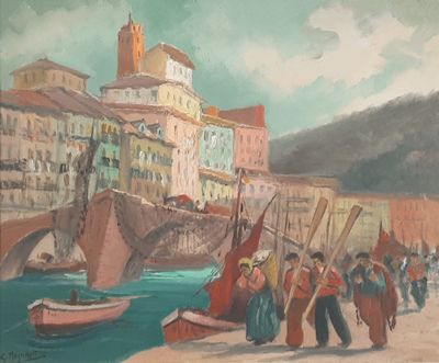 a painting of a group of people walking on the beach