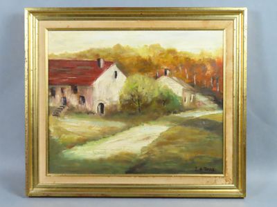 an oil painting of a farm scene with a path leading to a house