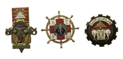Trois insignes de types et de couleurs différents sont représentés sur un fond blanc