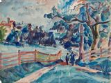 watercolor painting of a country scene with a horse drawn carriage in the foreground