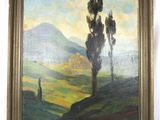 une peinture à l'huile représentant un paysage avec un arbre solitaire au premier plan