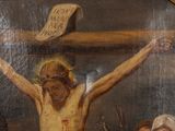 a painting of jesus on the cross with people around it