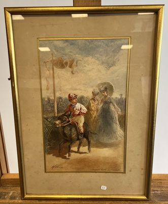 an image of a painting of a man riding a horse in front of a woman