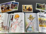 many pictures of a woman in a hat and a book