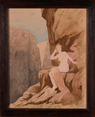 tableau représentant une femme assise sur un rocher, avec une montagne en arrière-plan