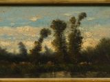 an image of a painting of a landscape with trees in the foreground