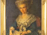 an old painting of a woman in a blue dress holding a book