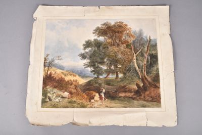 une vieille photo représentant un tableau où l'on voit un homme et un chien dans un cadre boisé