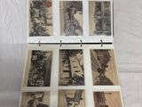 an old photo album with pictures of people and buildings on it