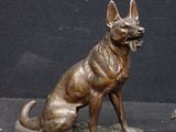 statue of a dog sitting on a rock next to a pigeon
