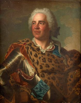 un vieux tableau représentant un homme en armure portant un manteau à motif léopard