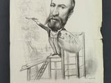 an old drawing of a man sitting in a chair with a knife in his hand