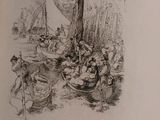 an old book with a drawing of people in a boat on the water