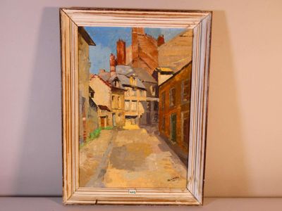 an oil painting of a street scene with buildings in the background