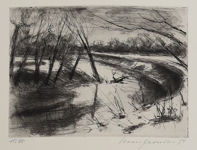 a black and white drawing of a river in the woods