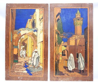 two paintings of a street scene with a man and a woman walking down the street