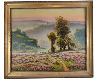 une image d'un tableau représentant un paysage avec des arbres au premier plan