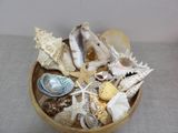 a wooden bowl filled with shells and seashells on a table