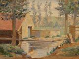 une image d'un tableau représentant une maison au bord d'une rivière