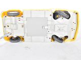 a yellow and white toy car with wheels attached to it