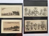 three framed pictures of a group of people riding horses and a boat