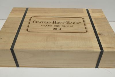 une caisse en bois portant une étiquette sur laquelle est inscrit « Château Haut-Bailey Grand Cru Classé 2014 »