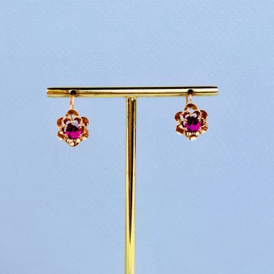 boucles d'oreilles ornées de pierres roses sur un support doré, se détachant sur un ciel bleu