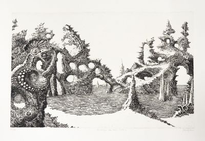 a black and white drawing of a forest scene