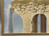 a picture of a painting of a waterfall coming out of a building