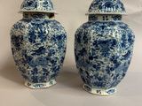 une paire de vases bleus et blancs ornés de paons