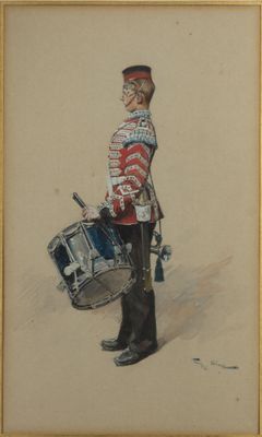 painting of a man in uniform holding a drum and a drum case